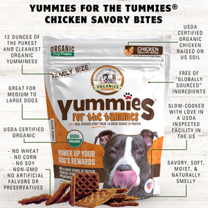 A bag of organic meat-based chicken dog treats Yummies for the Tummies by Momma Knows best