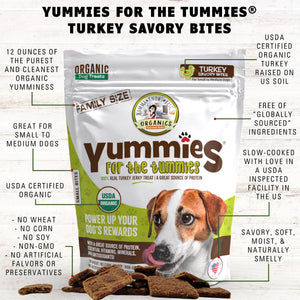 A bag of organic meat-based turkey dog treats Yummies for the Tummies by Momma Knows best