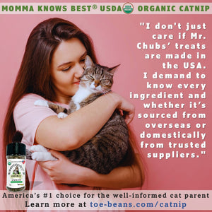 Woman hugging cat next to container of Momma Knows Best Catnip