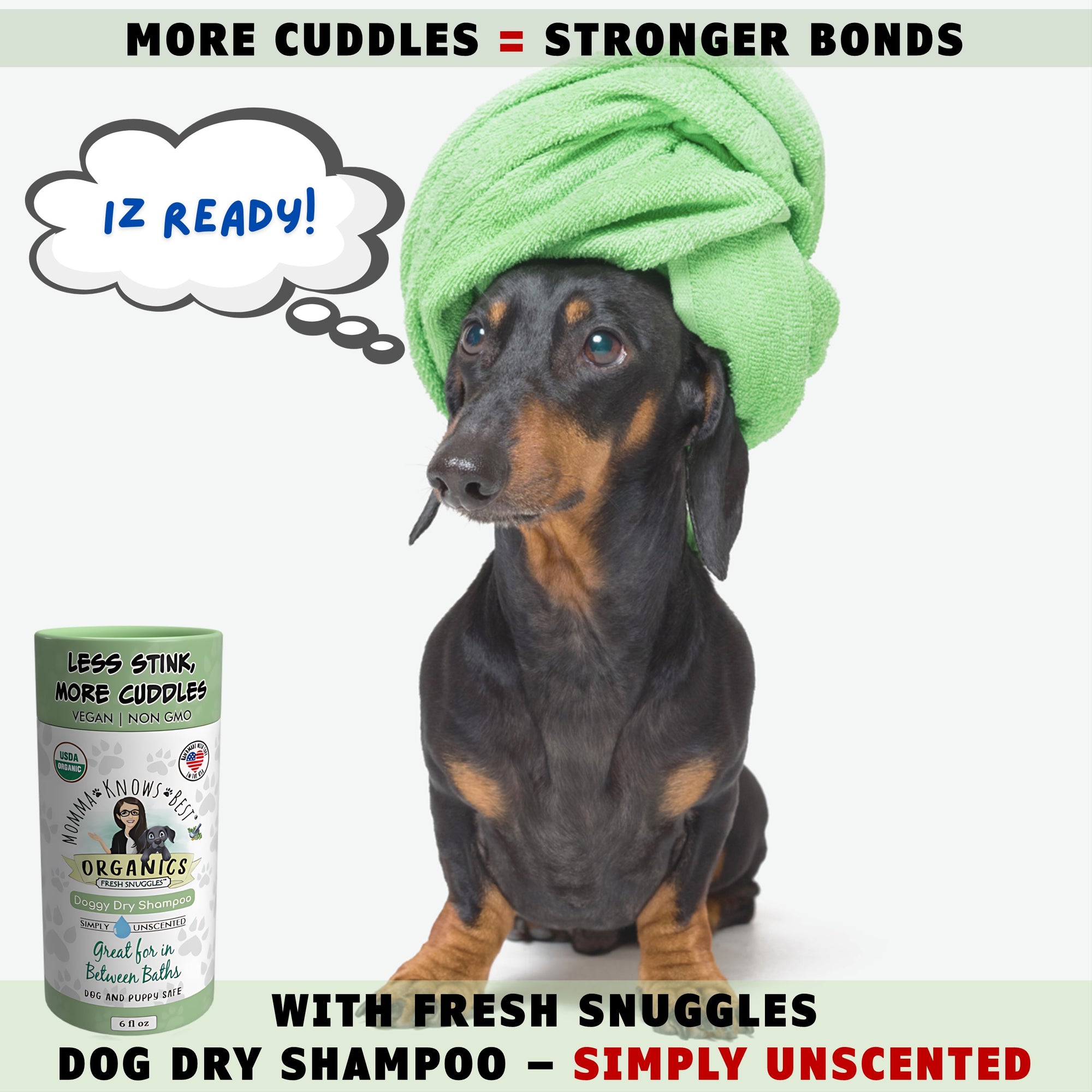 USDA organic dry pet shampoo for dogs by Momma Knows Best