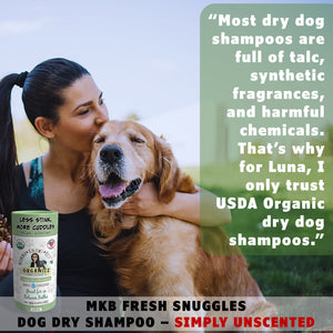 Woman kissing golden retriever with Momma Knows Best USDA Organic dry shampoo