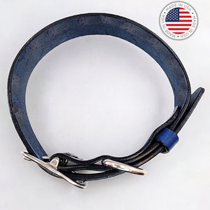 leather dog collar blue top view by toe beans
